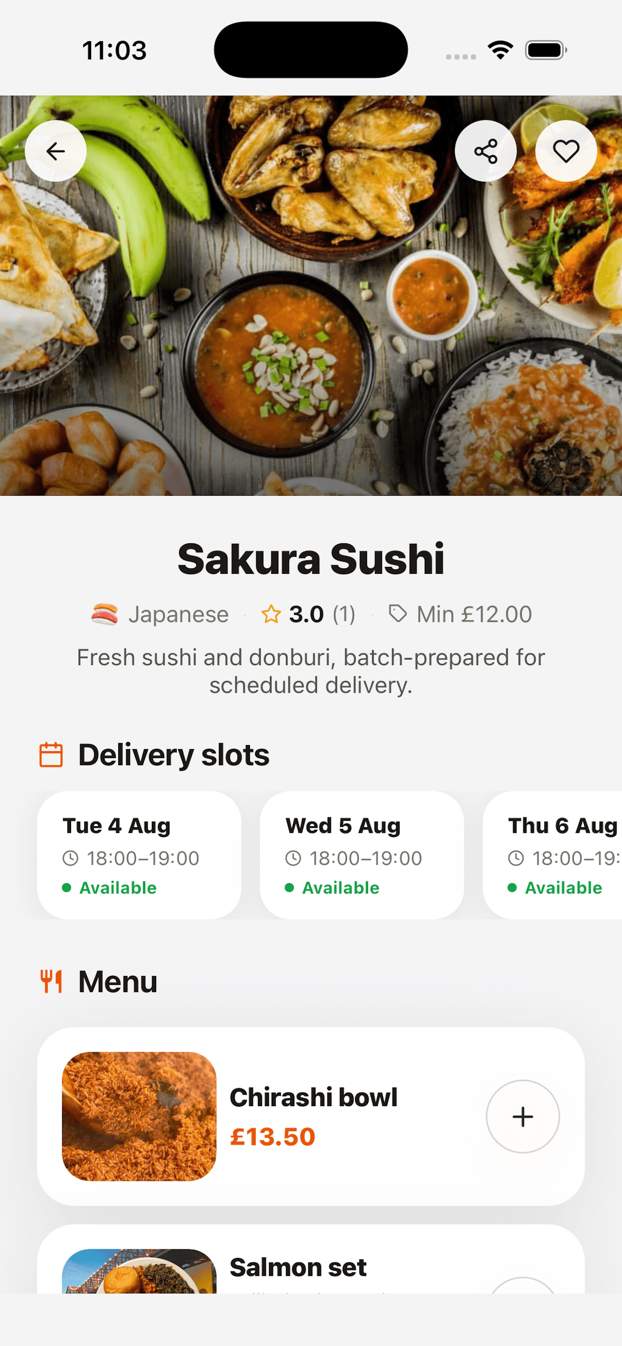 Restaurant menu and item details screen