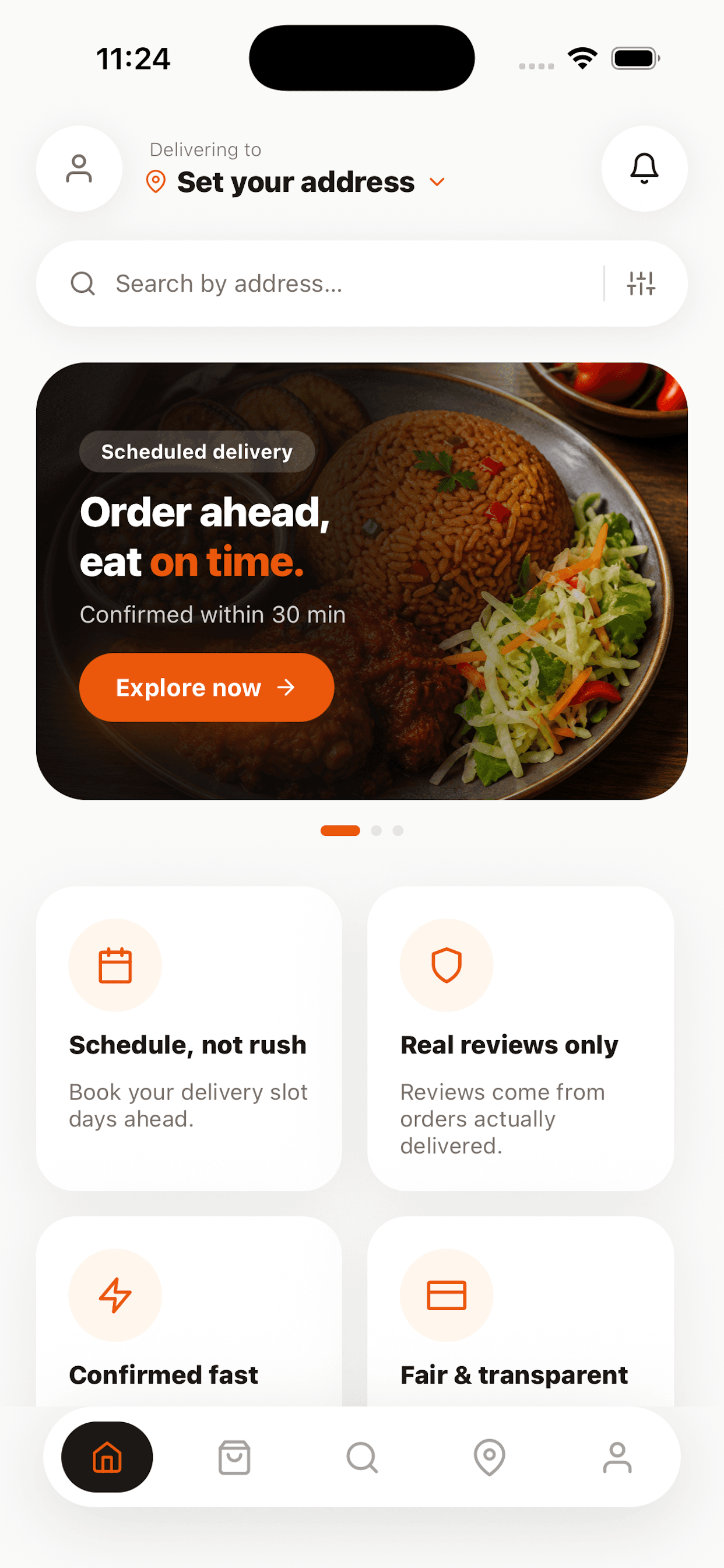 Home screen — browse and search restaurants